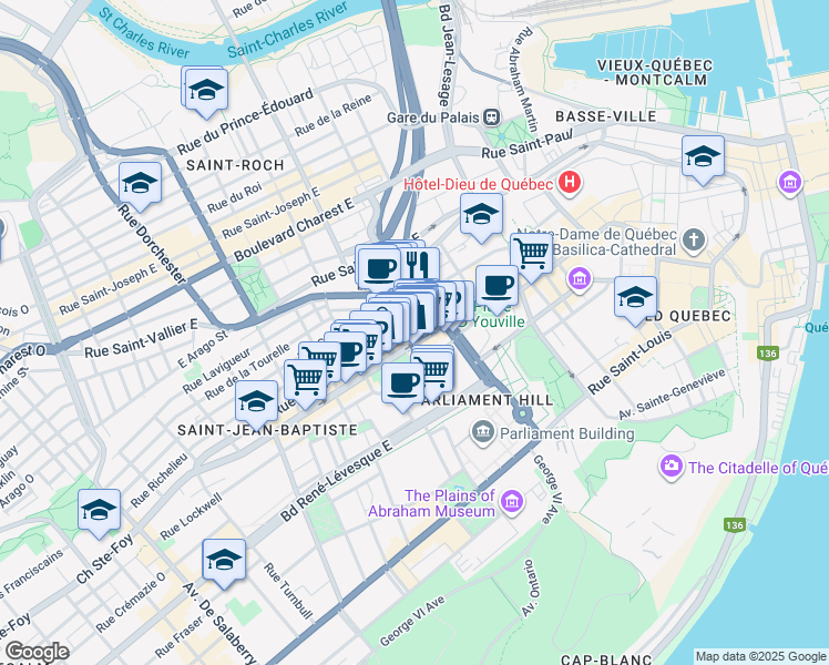 map of restaurants, bars, coffee shops, grocery stores, and more near 850 Rue Saint-Jean in Québec