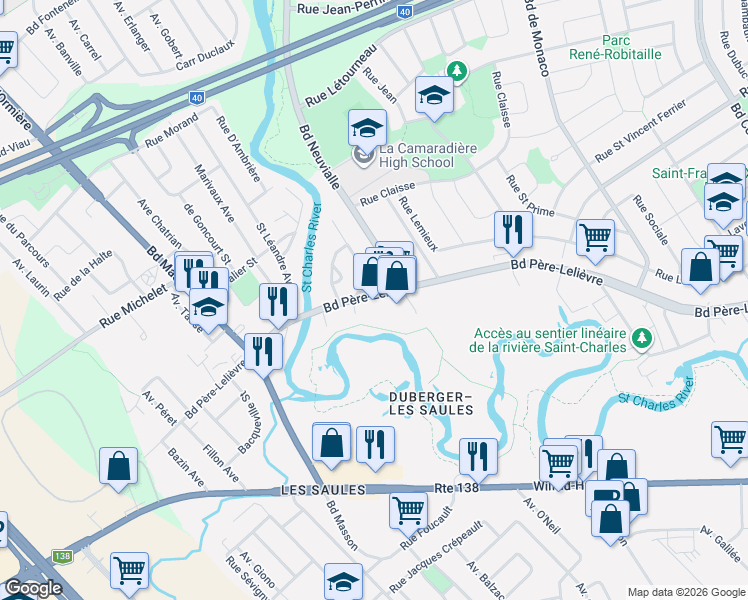map of restaurants, bars, coffee shops, grocery stores, and more near 3181 Boulevard Père-Lelièvre in Québec