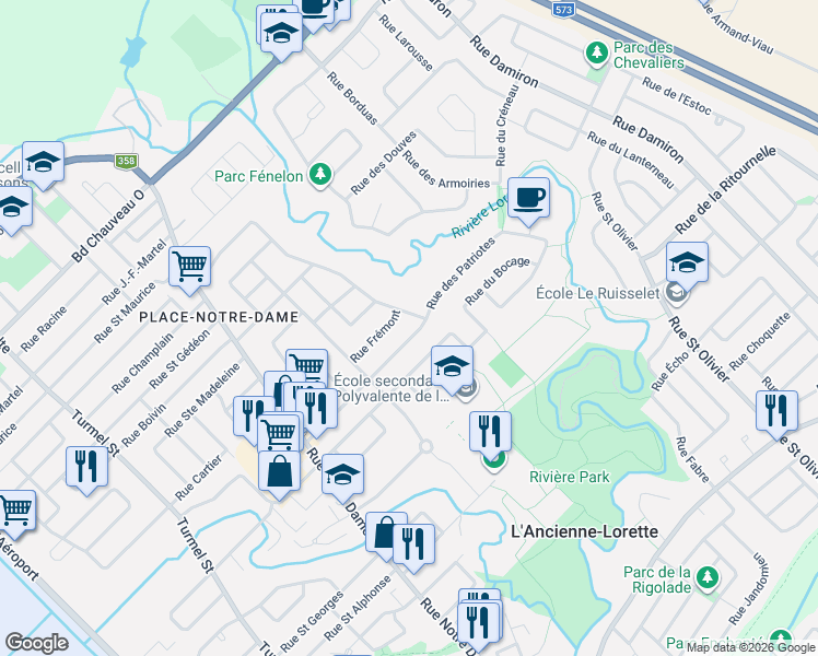 map of restaurants, bars, coffee shops, grocery stores, and more near 1304 Rue des Patriotes in L'Ancienne-Lorette