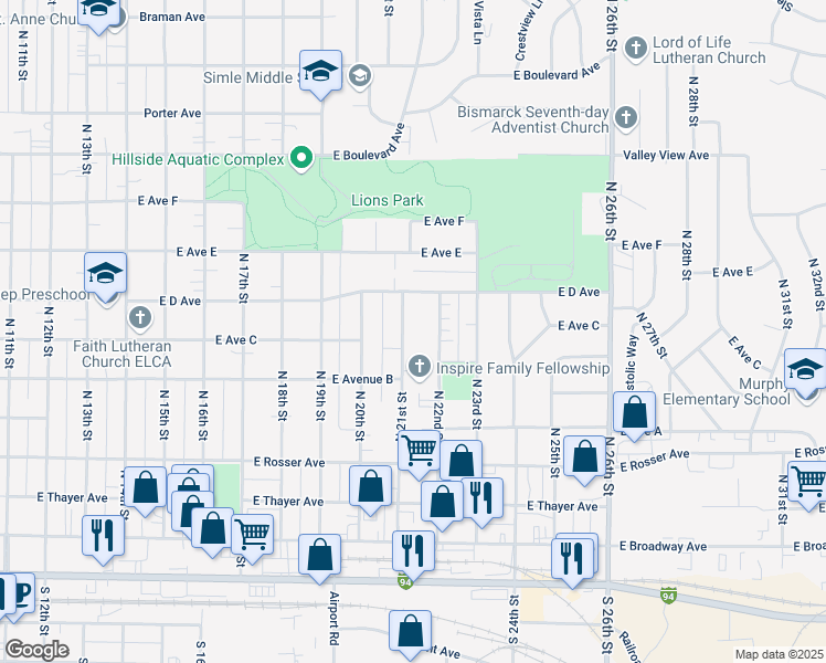 map of restaurants, bars, coffee shops, grocery stores, and more near 703 North 21st Street in Bismarck