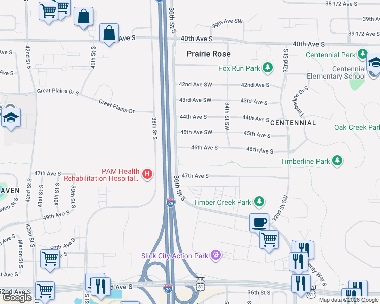 map of restaurants, bars, coffee shops, grocery stores, and more near 3534 46th Avenue Southwest in Fargo