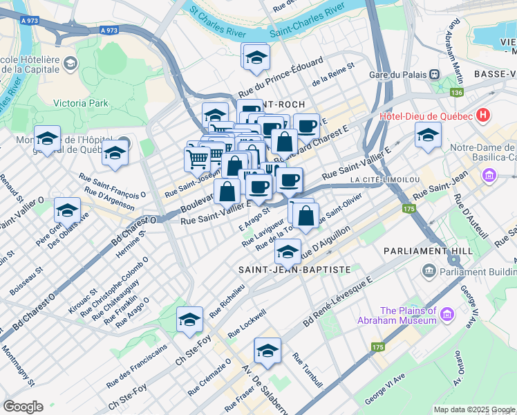 map of restaurants, bars, coffee shops, grocery stores, and more near in Quebec City