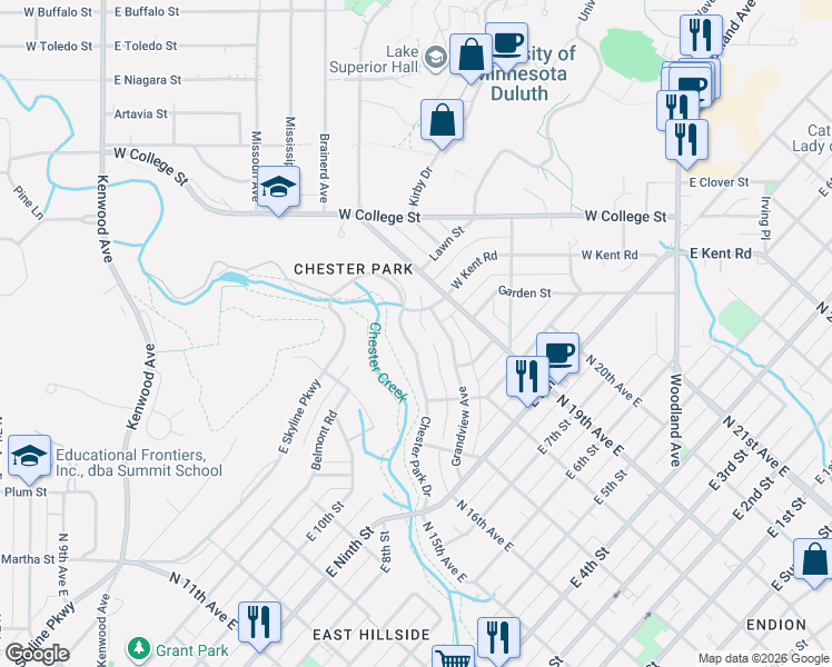 map of restaurants, bars, coffee shops, grocery stores, and more near 1052 Chester Park Drive in Duluth