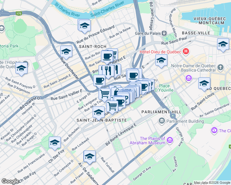 map of restaurants, bars, coffee shops, grocery stores, and more near 621 Rue de la Tourelle in Québec