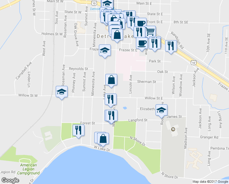 map of restaurants, bars, coffee shops, grocery stores, and more near 1150 Washington Ave in Detroit Lakes