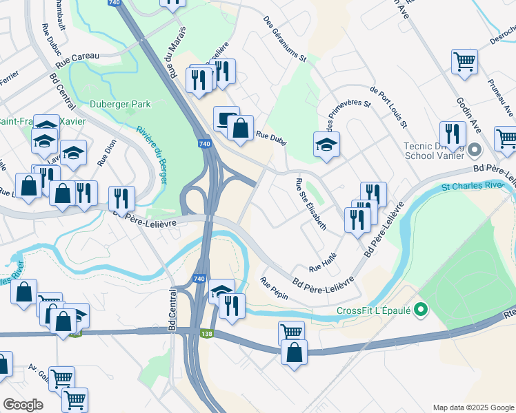 map of restaurants, bars, coffee shops, grocery stores, and more near Rue de Merlac in Ville de Québec