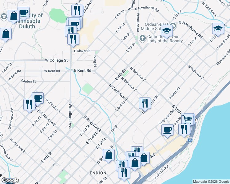 map of restaurants, bars, coffee shops, grocery stores, and more near 302 North 24th Avenue East in Duluth