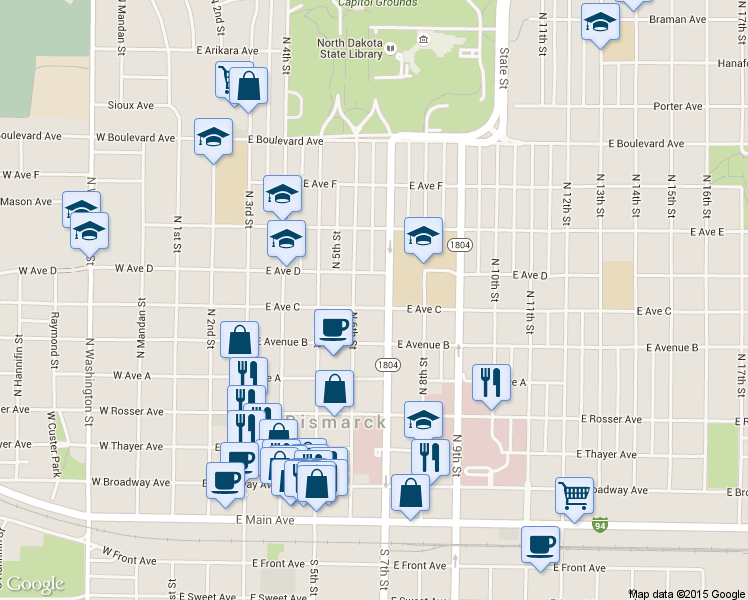 map of restaurants, bars, coffee shops, grocery stores, and more near 614 East Avenue C in Bismarck
