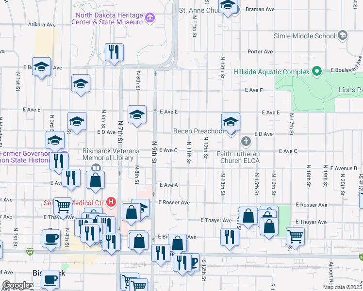 map of restaurants, bars, coffee shops, grocery stores, and more near 1012 East Avenue C in Bismarck