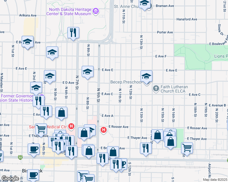 map of restaurants, bars, coffee shops, grocery stores, and more near 1012 East Avenue C in Bismarck