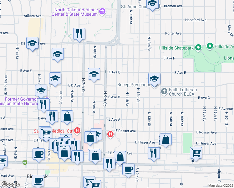 map of restaurants, bars, coffee shops, grocery stores, and more near 710 North 10th Street in Bismarck