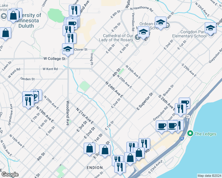 map of restaurants, bars, coffee shops, grocery stores, and more near 302 North 24th Avenue East in Duluth