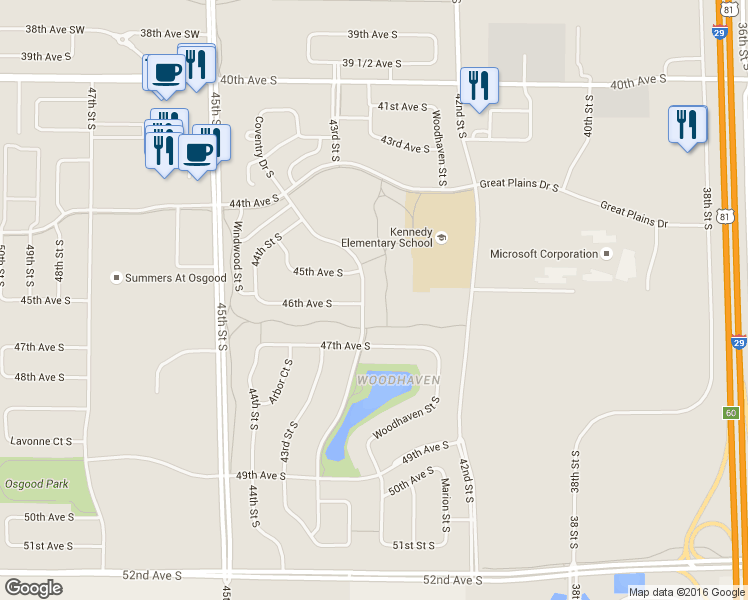 map of restaurants, bars, coffee shops, grocery stores, and more near 4590 Woodhaven Dr S in Fargo