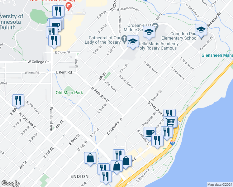 map of restaurants, bars, coffee shops, grocery stores, and more near 2130 East 2nd Street in Duluth