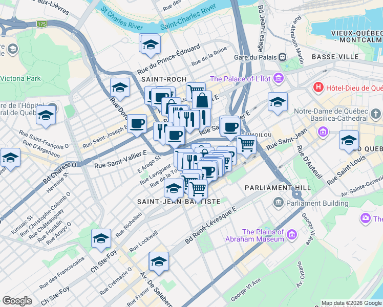 map of restaurants, bars, coffee shops, grocery stores, and more near 589 Rue Lavigueur in Québec