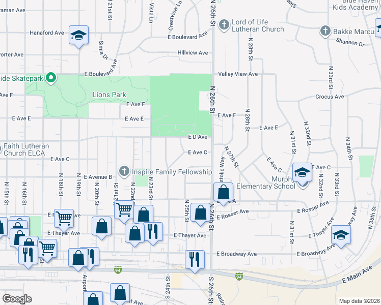 map of restaurants, bars, coffee shops, grocery stores, and more near East Avenue C in Bismarck
