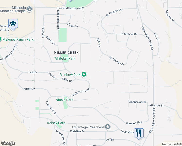 map of restaurants, bars, coffee shops, grocery stores, and more near 6250 Timothy Court in Missoula