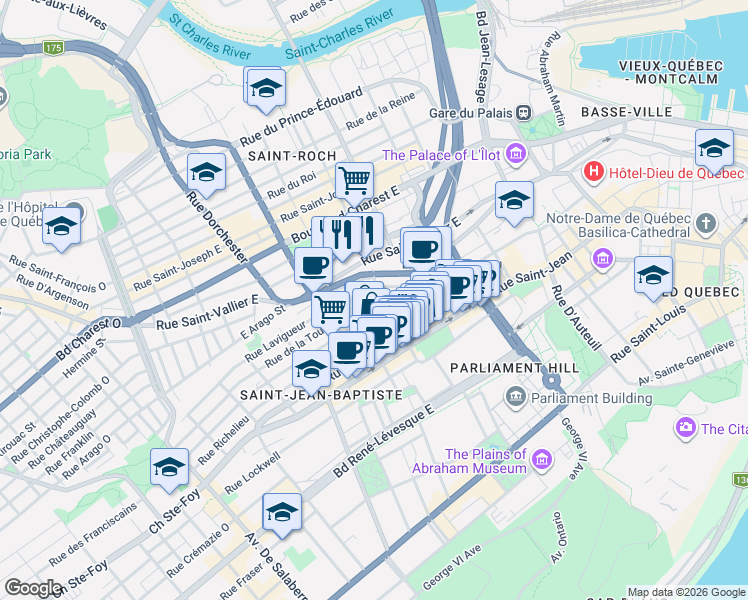 map of restaurants, bars, coffee shops, grocery stores, and more near 661 Rue de la Tourelle in Québec