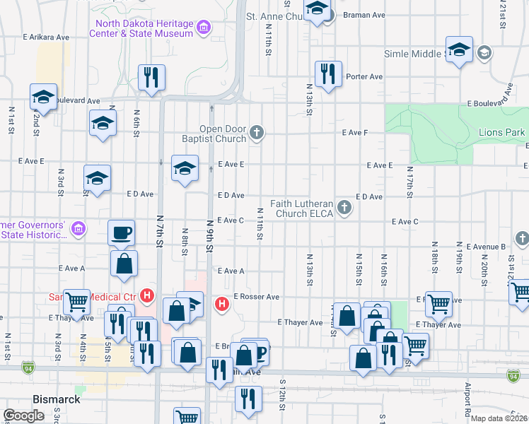map of restaurants, bars, coffee shops, grocery stores, and more near 703 North 11th Street in Bismarck