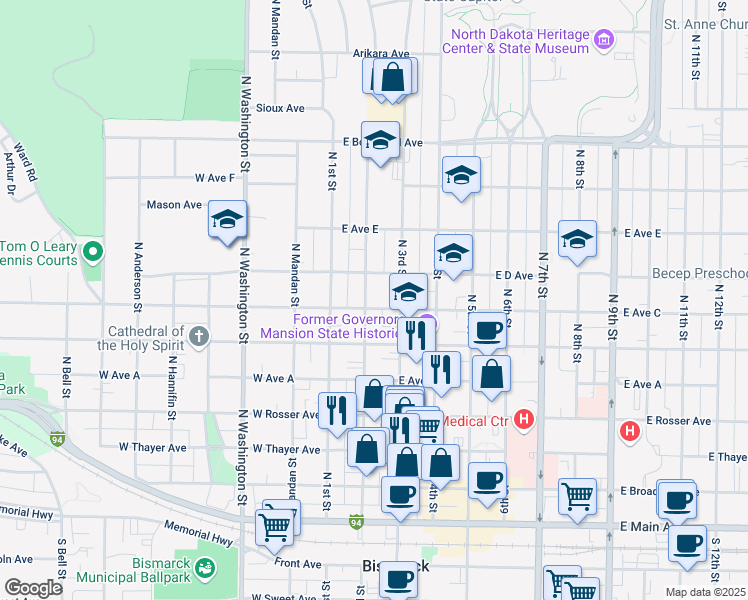 map of restaurants, bars, coffee shops, grocery stores, and more near 706 North 3rd Street in Bismarck