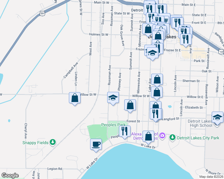 map of restaurants, bars, coffee shops, grocery stores, and more near 1154 Rossman Avenue in Detroit Lakes