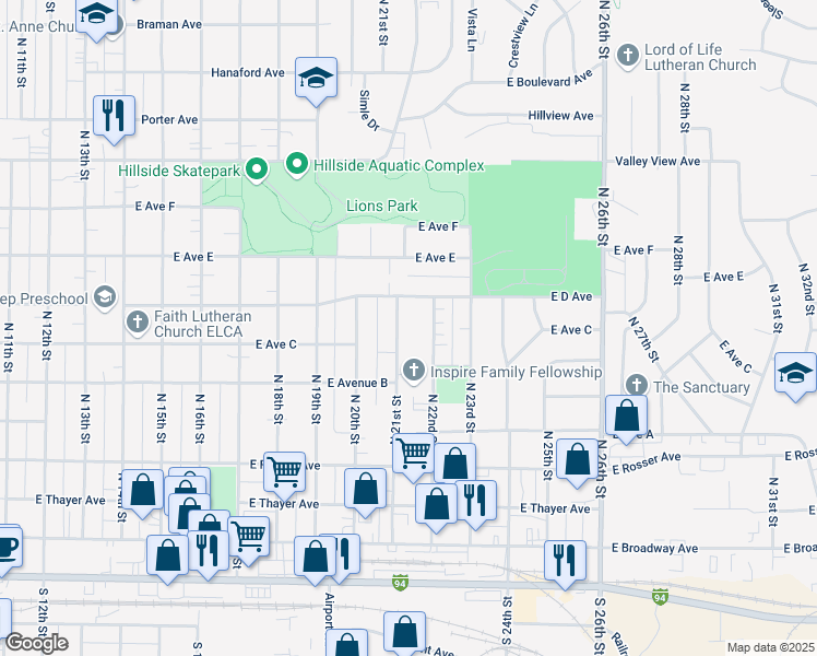 map of restaurants, bars, coffee shops, grocery stores, and more near 709 North 21st Street in Bismarck