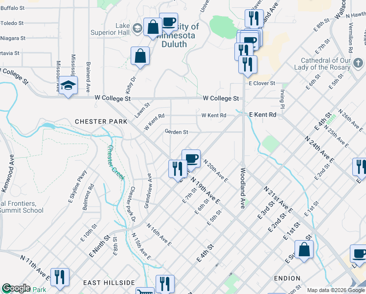 map of restaurants, bars, coffee shops, grocery stores, and more near 1927 East 9th Street in Duluth