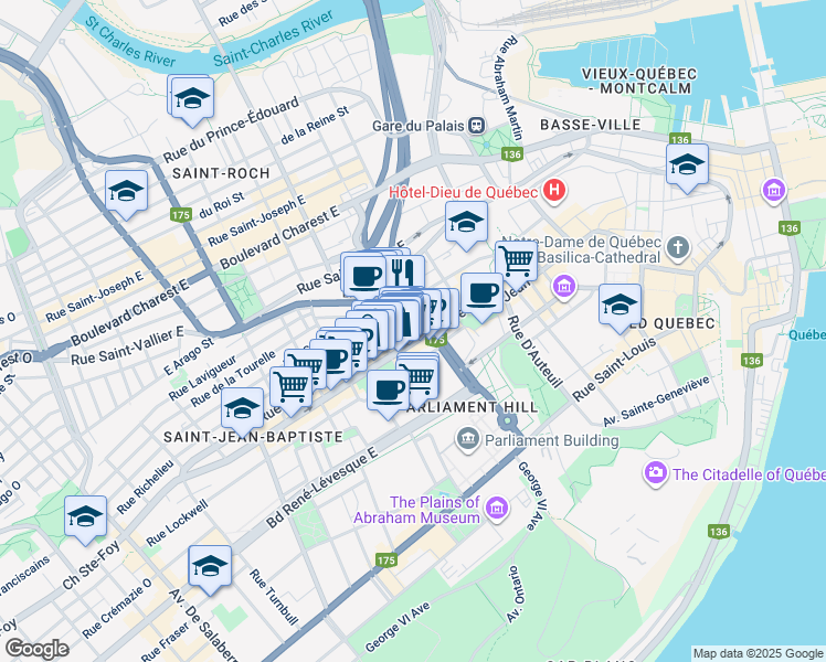 map of restaurants, bars, coffee shops, grocery stores, and more near 850 Rue Saint-Jean in Québec