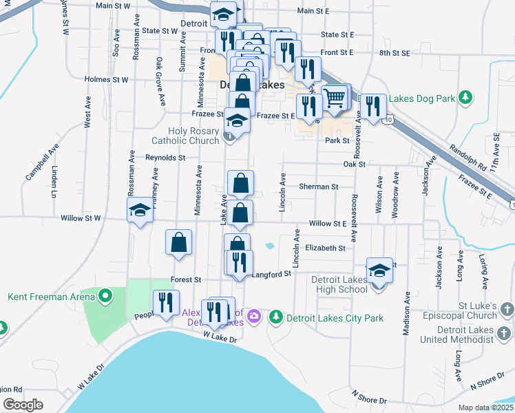 map of restaurants, bars, coffee shops, grocery stores, and more near 1150 Washington Avenue in Detroit Lakes
