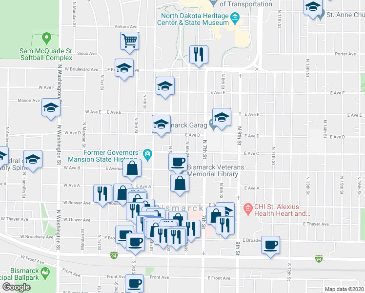 map of restaurants, bars, coffee shops, grocery stores, and more near 706 N 6th St in Bismarck