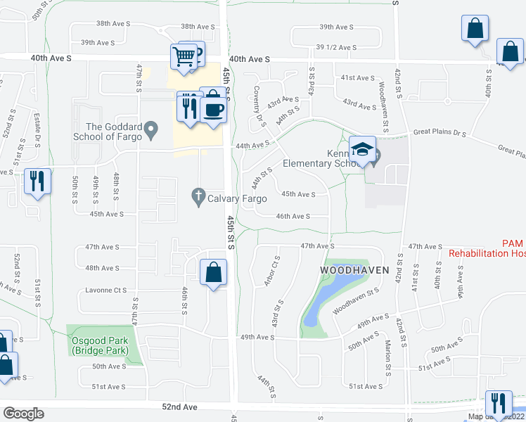 map of restaurants, bars, coffee shops, grocery stores, and more near 4485 44th Street South in Fargo