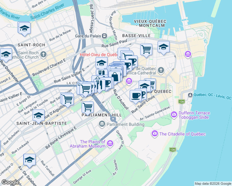 map of restaurants, bars, coffee shops, grocery stores, and more near 35 Rue Dauphine in Québec City