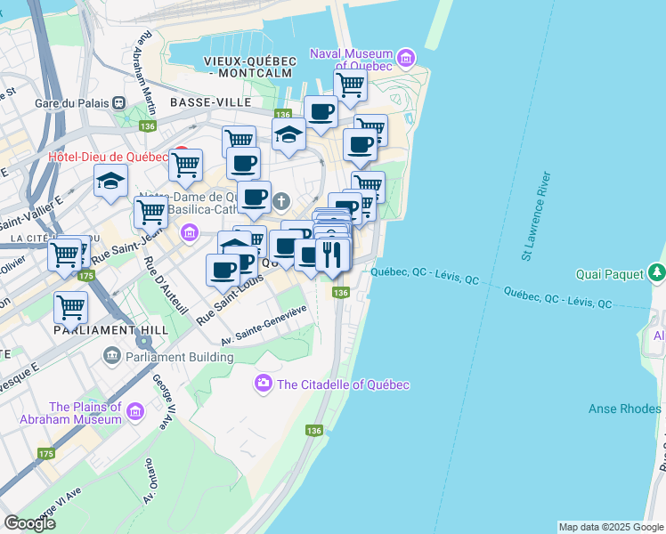 map of restaurants, bars, coffee shops, grocery stores, and more near 37 Rue du Petit Champlain in Ville de Québec