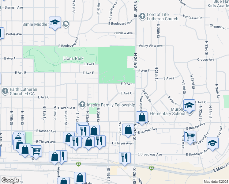 map of restaurants, bars, coffee shops, grocery stores, and more near 702 North 25th Street in Bismarck