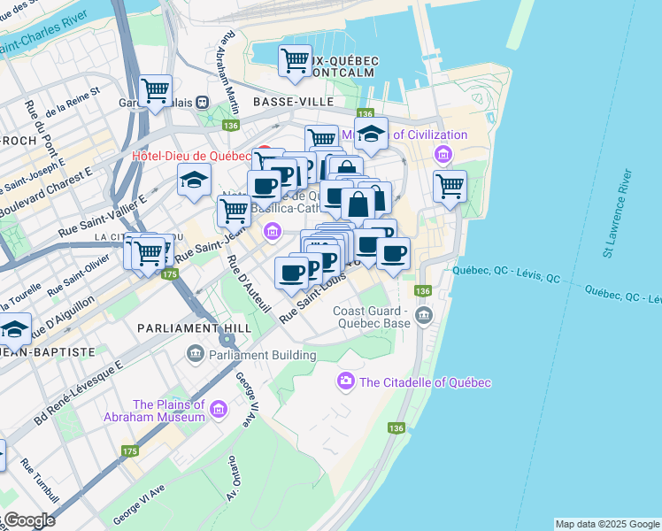 map of restaurants, bars, coffee shops, grocery stores, and more near 38 Rue des Jardins in Québec