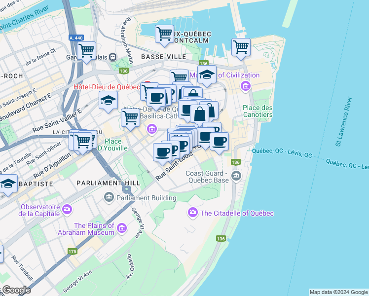 map of restaurants, bars, coffee shops, grocery stores, and more near 38 Rue des Jardins in Québec