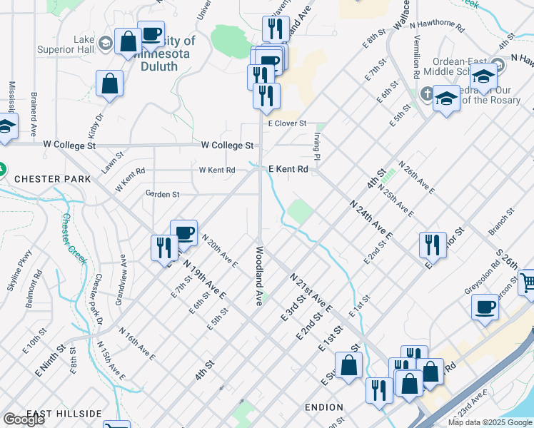 map of restaurants, bars, coffee shops, grocery stores, and more near 624 Woodland Avenue in Duluth