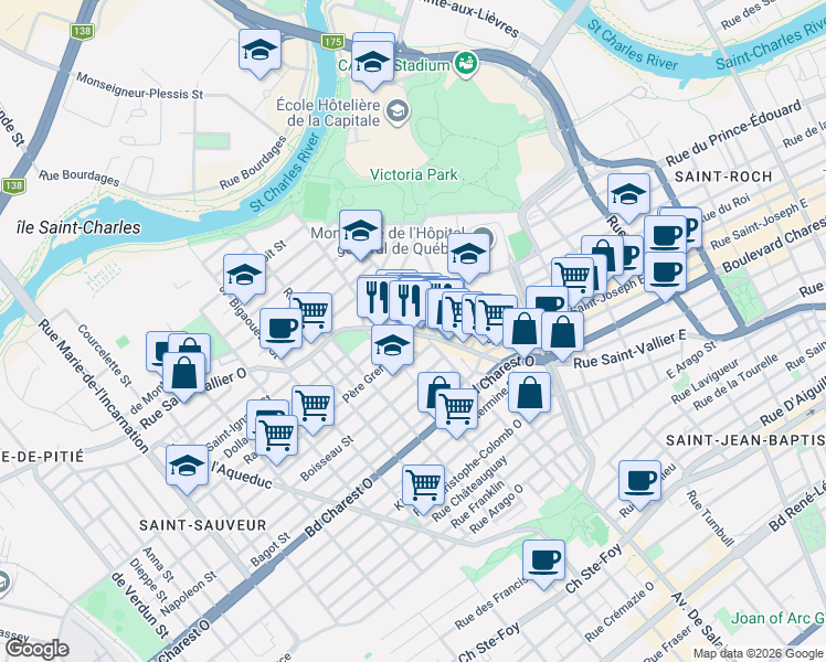 map of restaurants, bars, coffee shops, grocery stores, and more near 238 Rue Saint-Vallier Ouest in Québec