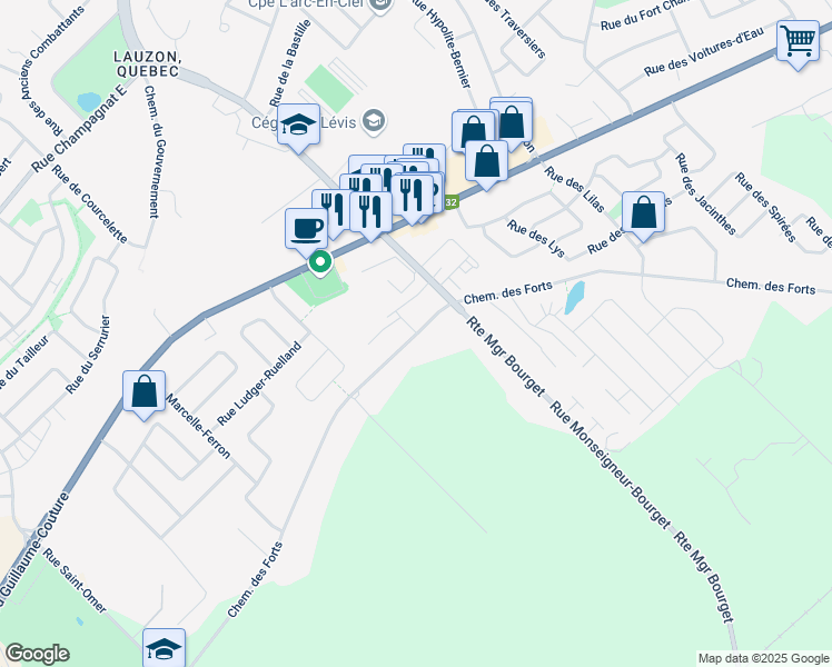 map of restaurants, bars, coffee shops, grocery stores, and more near Chemin des Forts in Levis