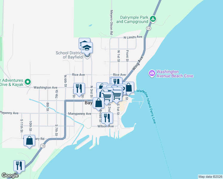 map of restaurants, bars, coffee shops, grocery stores, and more near 41 North 2nd Street in Bayfield