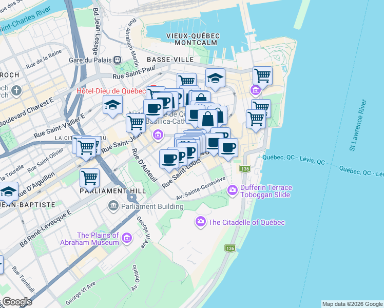 map of restaurants, bars, coffee shops, grocery stores, and more near 38 Rue des Jardins in Quebec