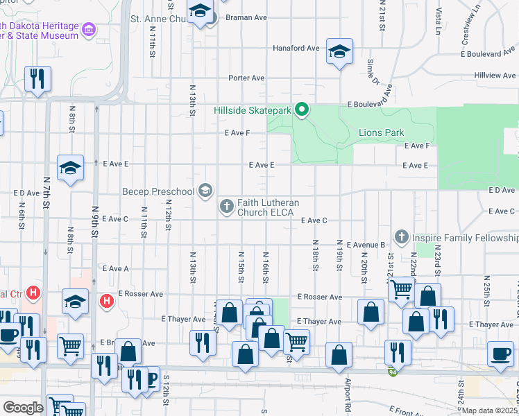 map of restaurants, bars, coffee shops, grocery stores, and more near 1512 East Avenue C in Bismarck