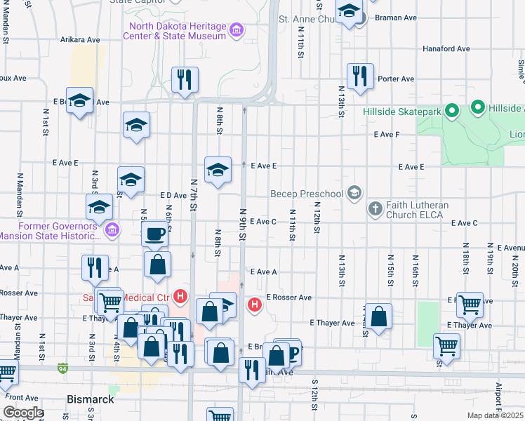 map of restaurants, bars, coffee shops, grocery stores, and more near 710 North 10th Street in Bismarck