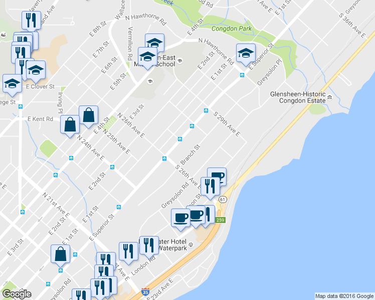 map of restaurants, bars, coffee shops, grocery stores, and more near 2631 Branch Street in Duluth