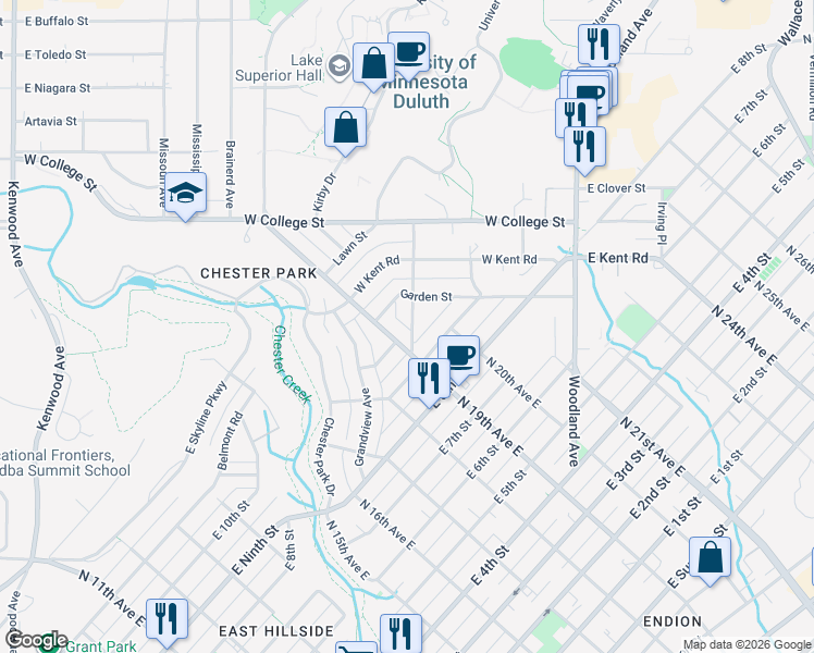 map of restaurants, bars, coffee shops, grocery stores, and more near 15 Snelling Avenue in Duluth