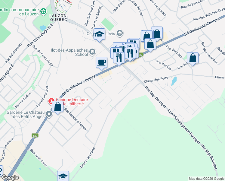 map of restaurants, bars, coffee shops, grocery stores, and more near 7145 Chemin des Forts in Lévis