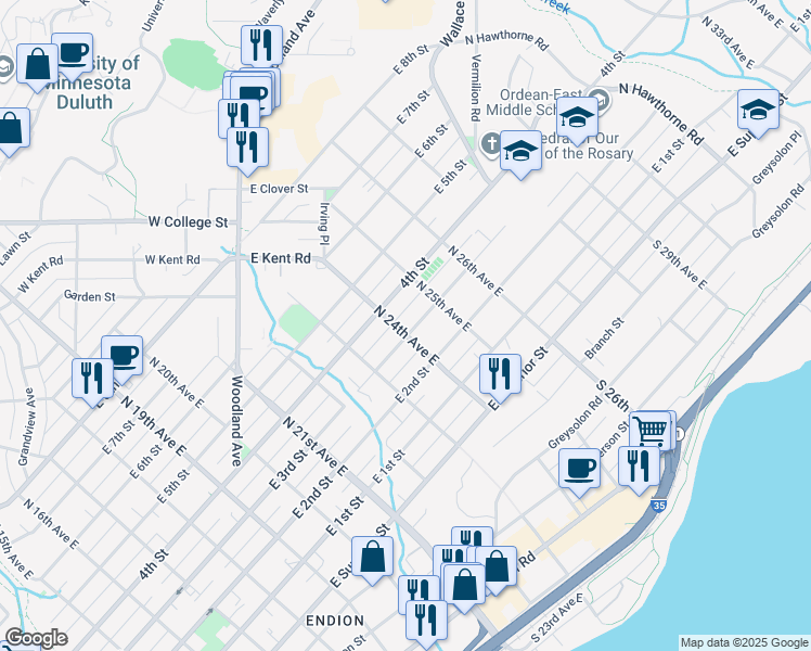 map of restaurants, bars, coffee shops, grocery stores, and more near 302 North 24th Avenue East in Duluth