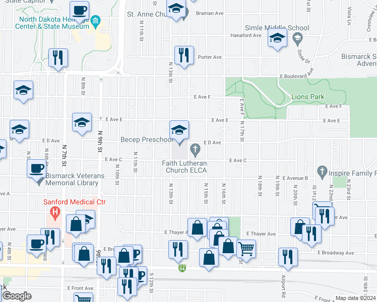 map of restaurants, bars, coffee shops, grocery stores, and more near 720 North 14th Street in Bismarck
