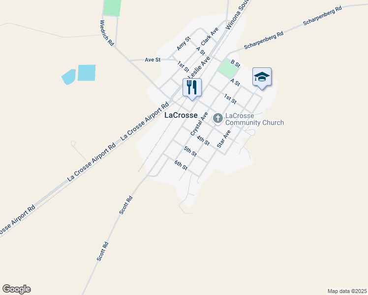map of restaurants, bars, coffee shops, grocery stores, and more near 500 Crystal Avenue in LaCrosse