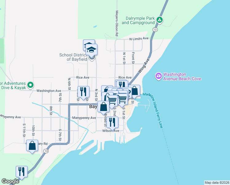map of restaurants, bars, coffee shops, grocery stores, and more near 41 North 2nd Street in Bayfield